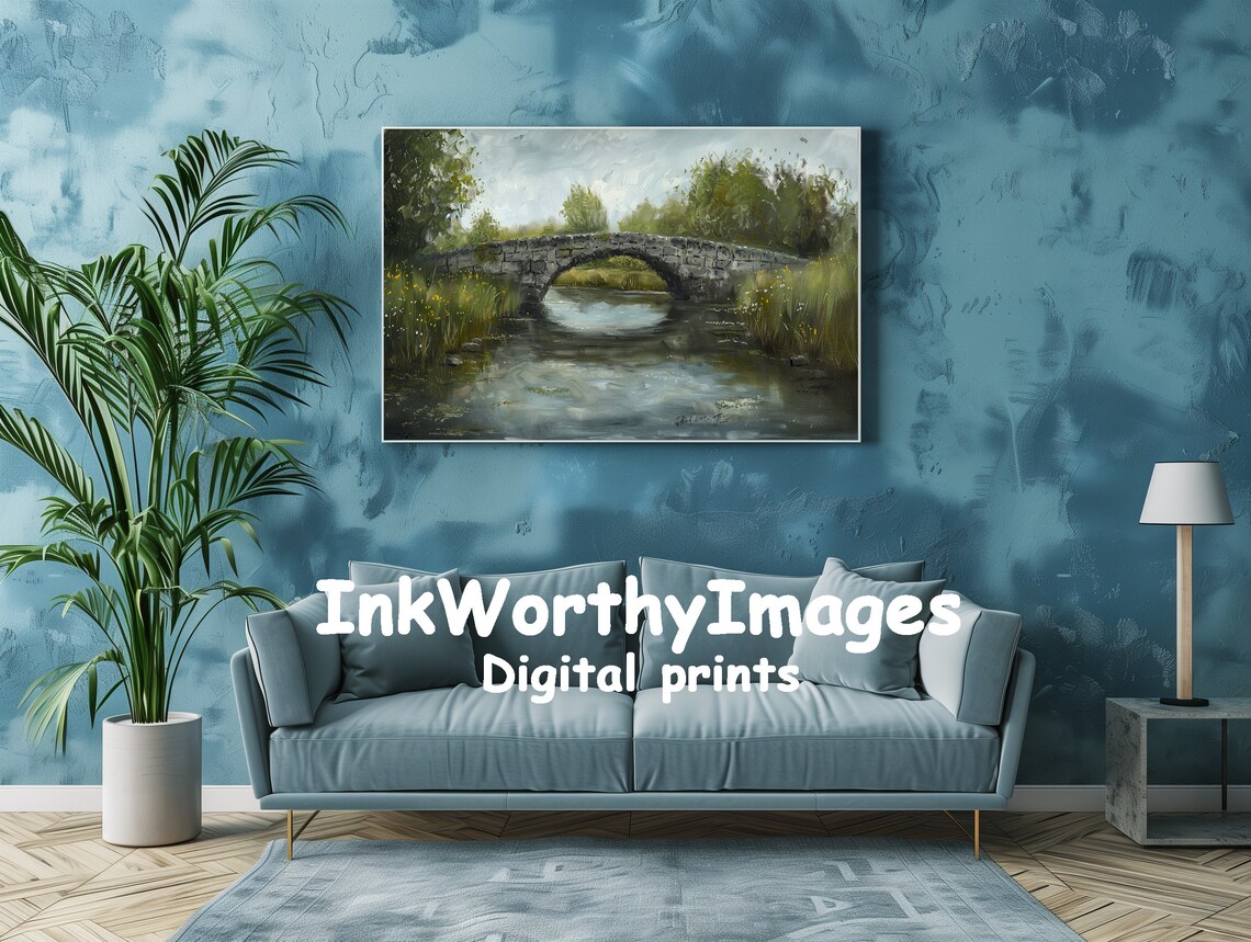 Rustic Stone Bridge Over Serene River, Watercolor Landscape - Image 3