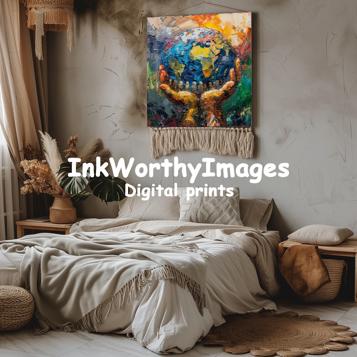World In Hands, Colorful Earth Unity Decor - Image 2