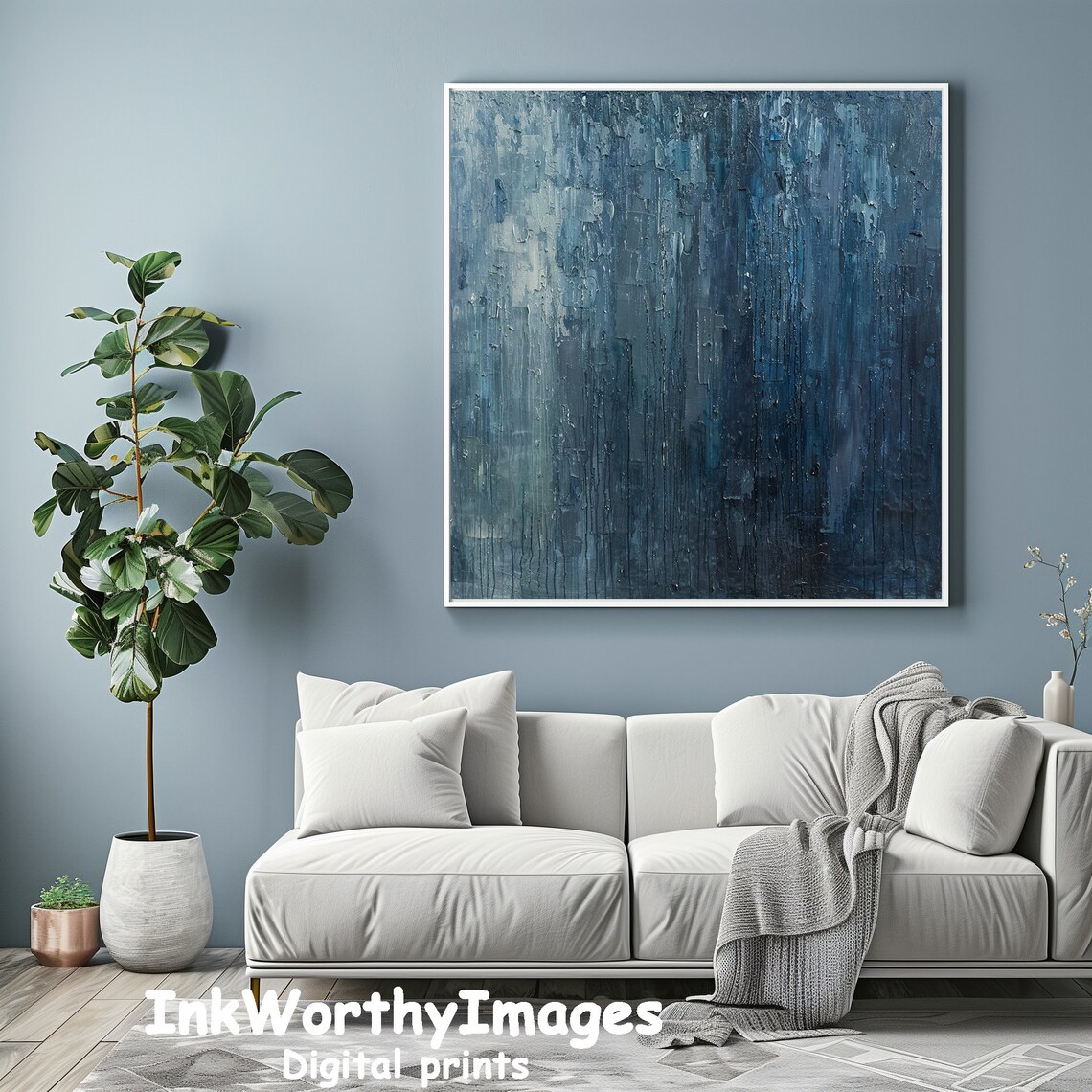 Deep Blue Abstract Textured Monochrome Art Print - Image 3