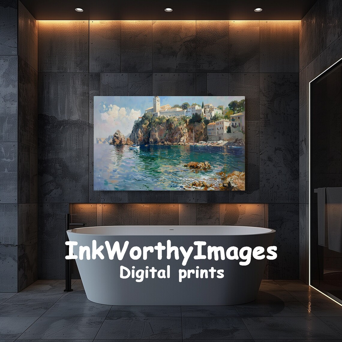 Mediterranean Coastal Village Seascape, Travel Decor - Image 5