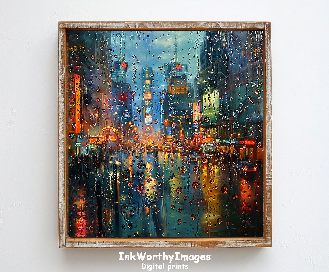 Rainy City Night Lights, Urban Streetscape Wall Art - Image 6