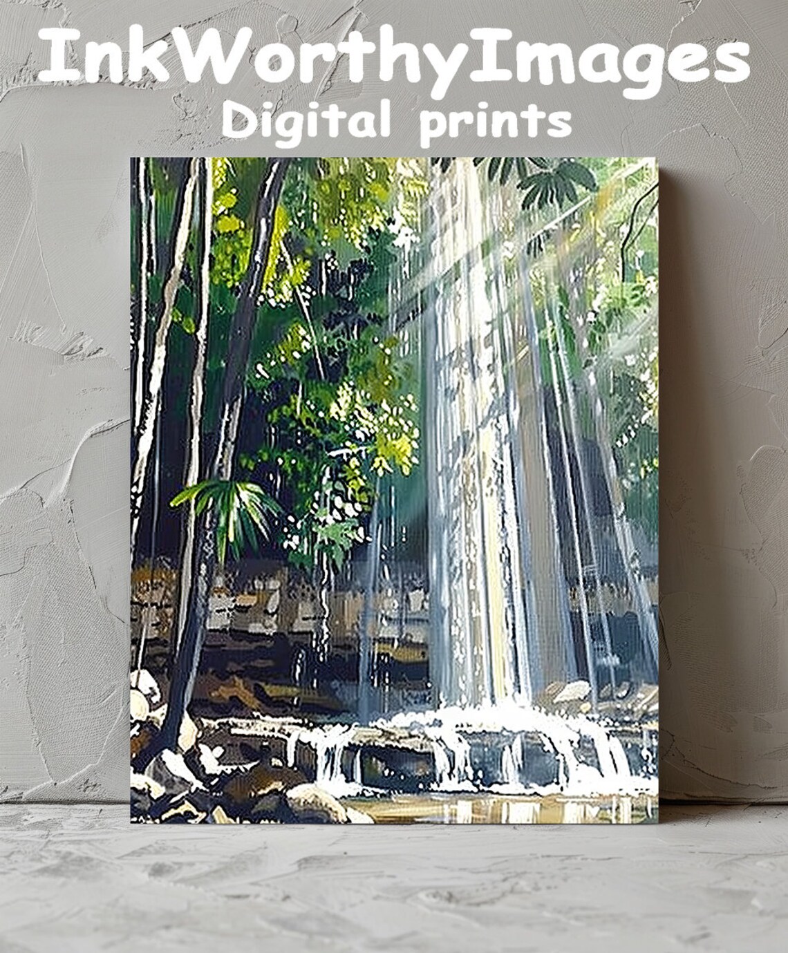 Sunlit Tropical Waterfall Jungle Serenity Art Print