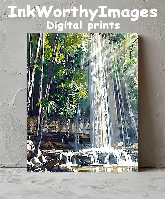 Sunlit Tropical Waterfall Jungle Serenity Art Print