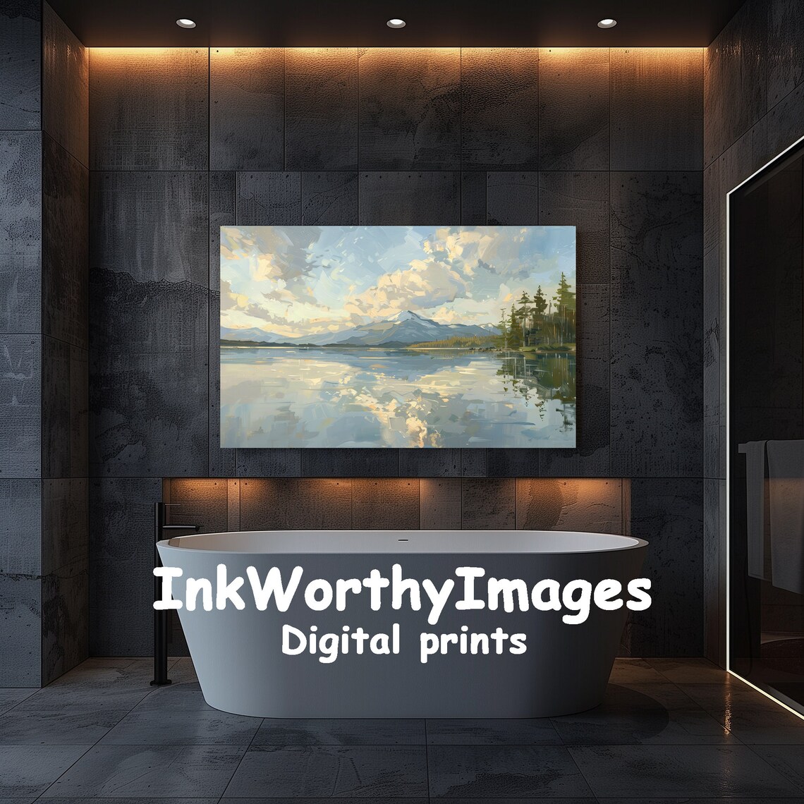 Mountain Lake Reflection, Tranquil Landscape Painting - Image 5
