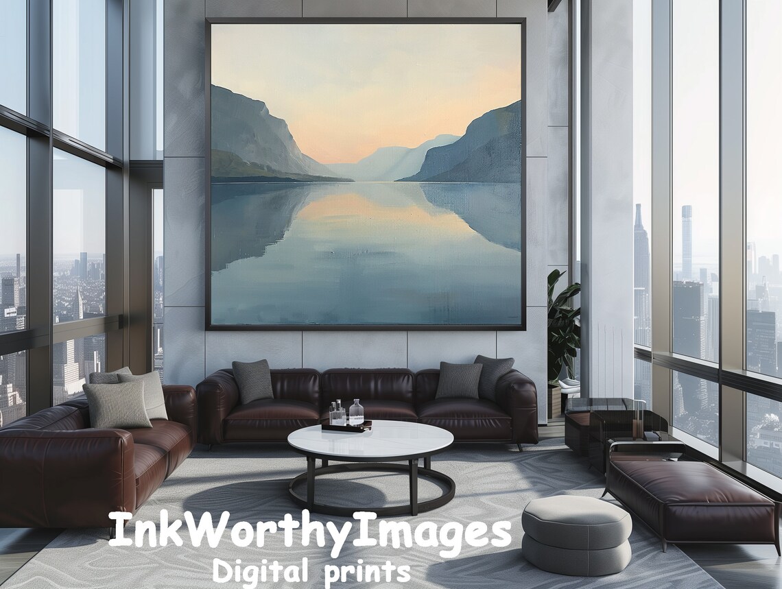 Serene Lake Sunset Landscape Painting, Calm Reflections - Image 2