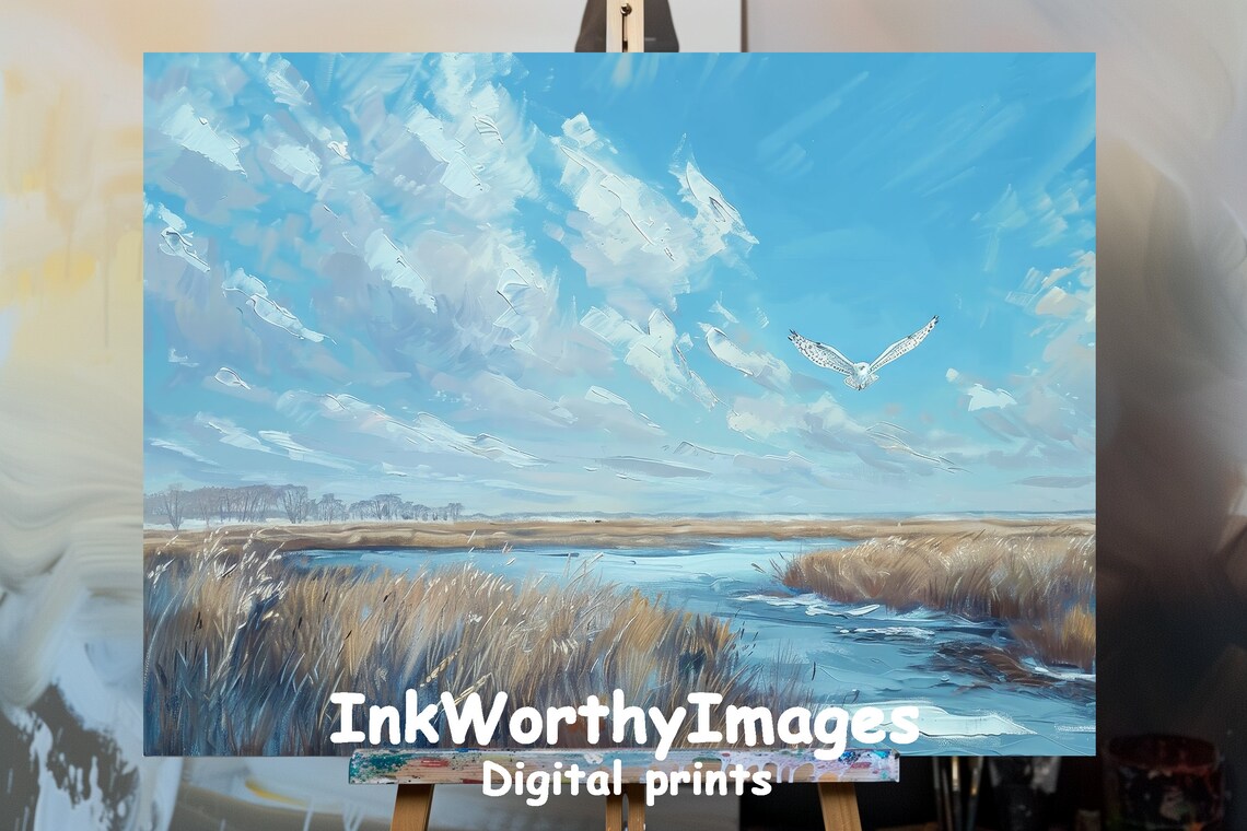 Snowy Owl In Flight Over Marshland, Nature Landscape