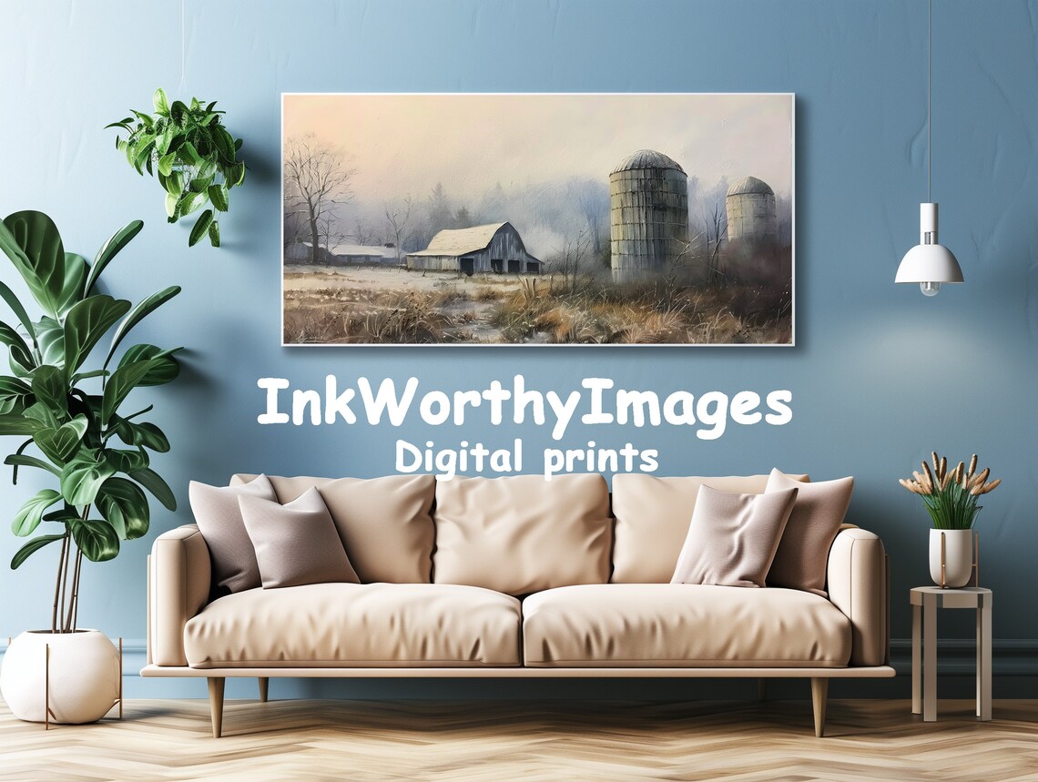 Winter Farm Scene, Rustic Barn And Silos In Fog - Image 4