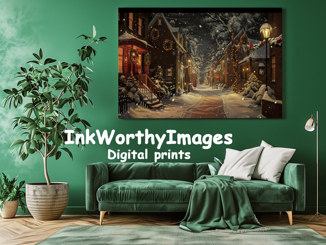 Winter Village Street, Snowy Night Christmas Decor - Image 2