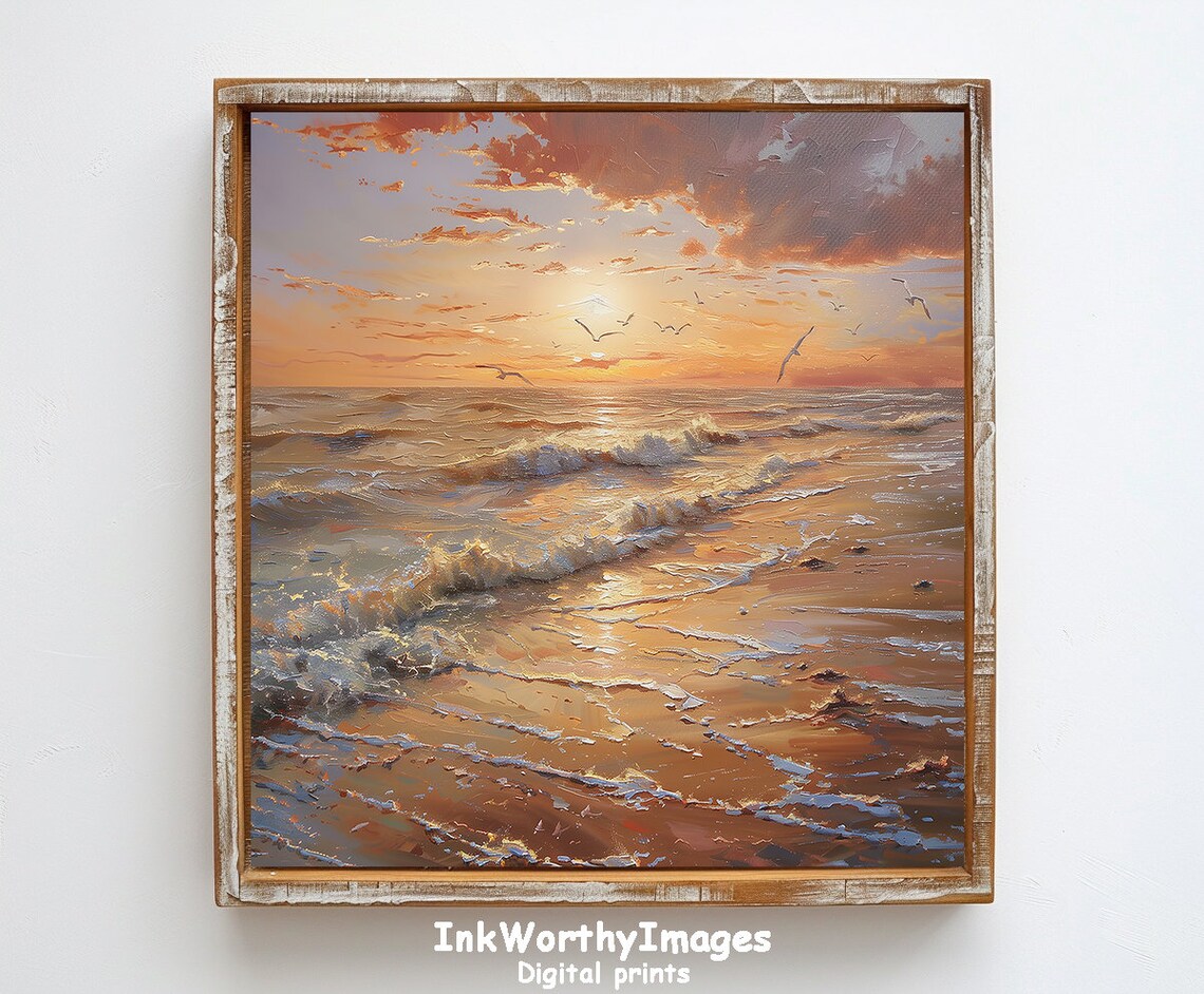 Sunset Beach Scene, Tranquil Ocean Waves Art - Image 6