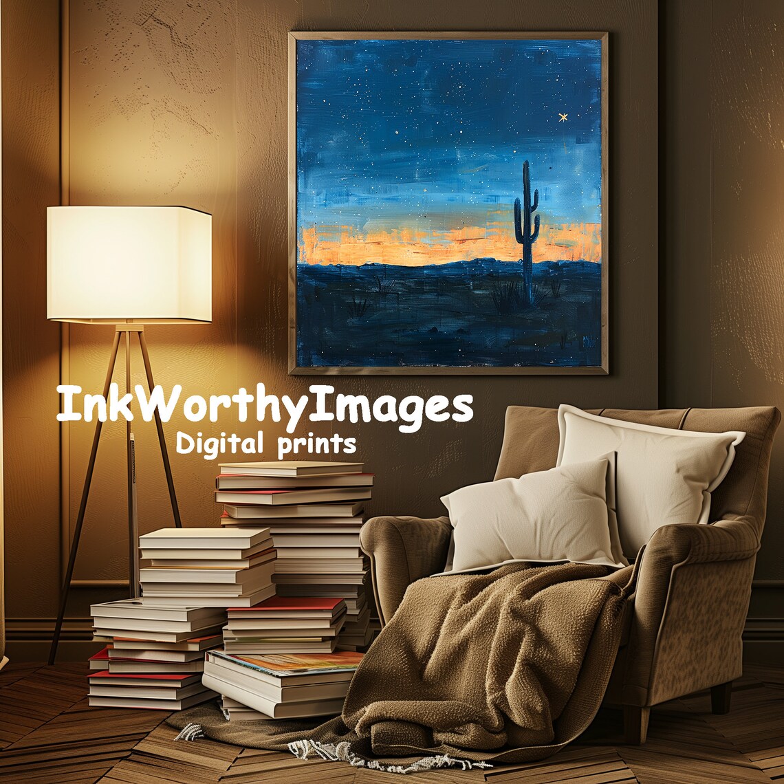 Starry Night Desert Cactus Art Print, Sunset Landscape - Image 2