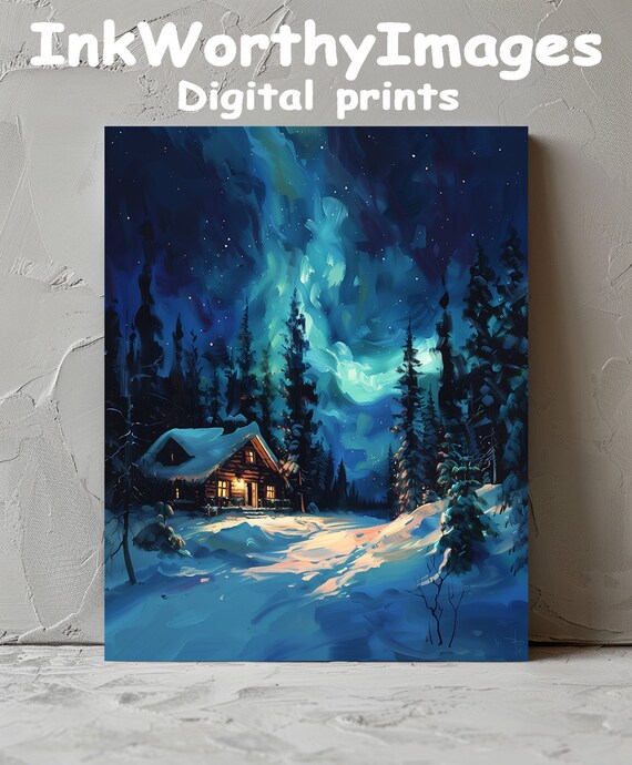 Winter Cabin Under Northern Lights, Cozy Snow Scene