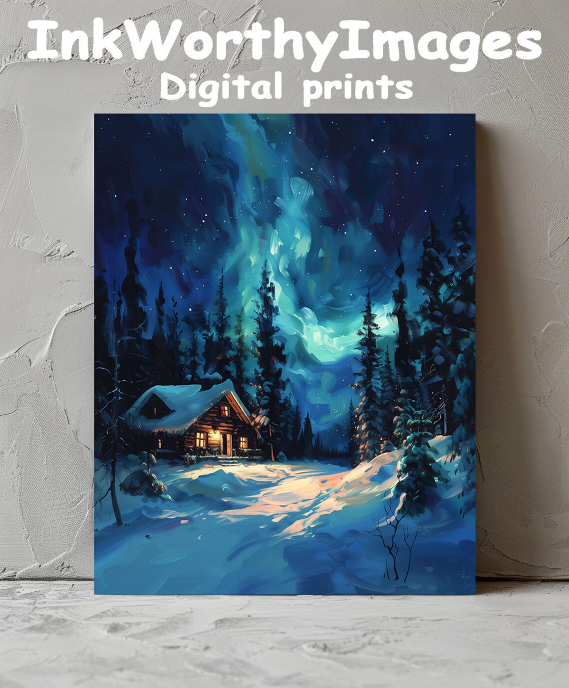 Winter Cabin Under Northern Lights, Cozy Snow Scene