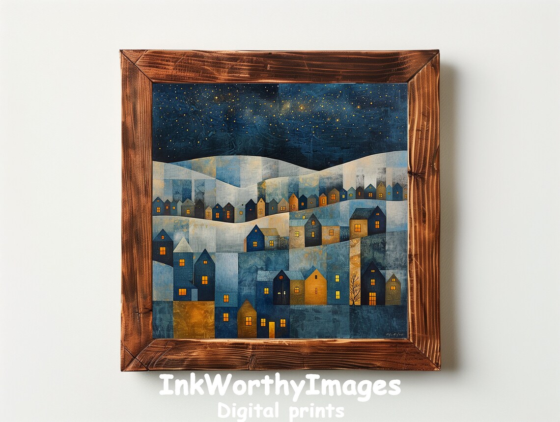 Starlit Village Night Art Print, Whimsical Townscape - Image 6