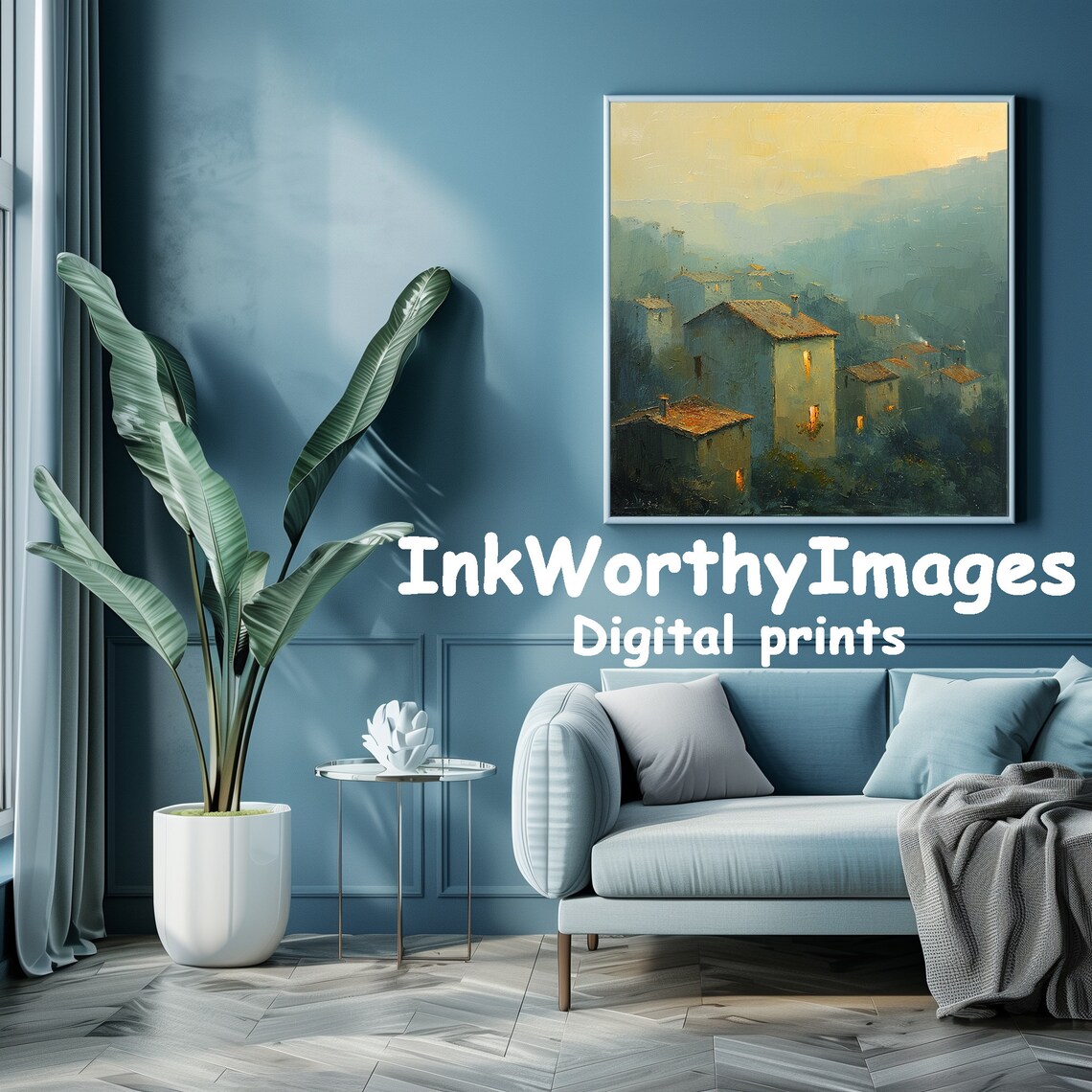 Misty Village Sunrise Art Print, Rustic Landscape - Image 3