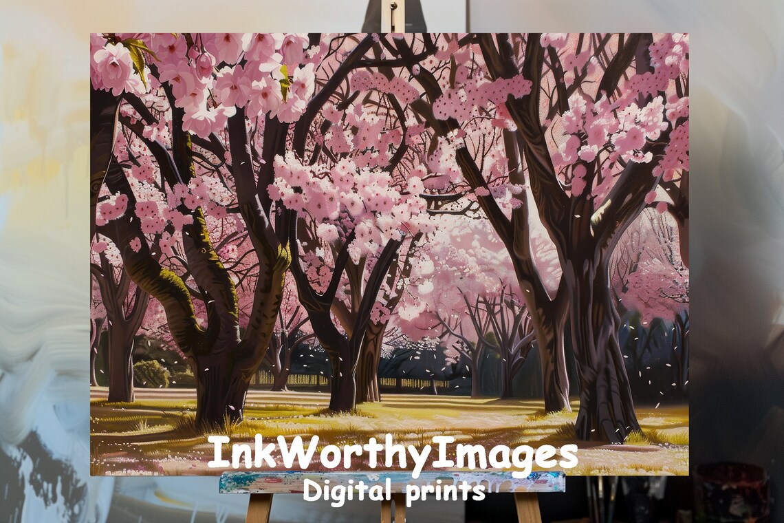 Cherry Blossom Grove Art Print, Spring Landscape