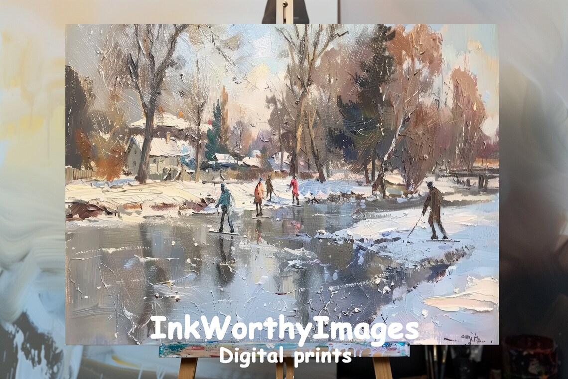 Winter Skating Scene, Snowy Village Landscape