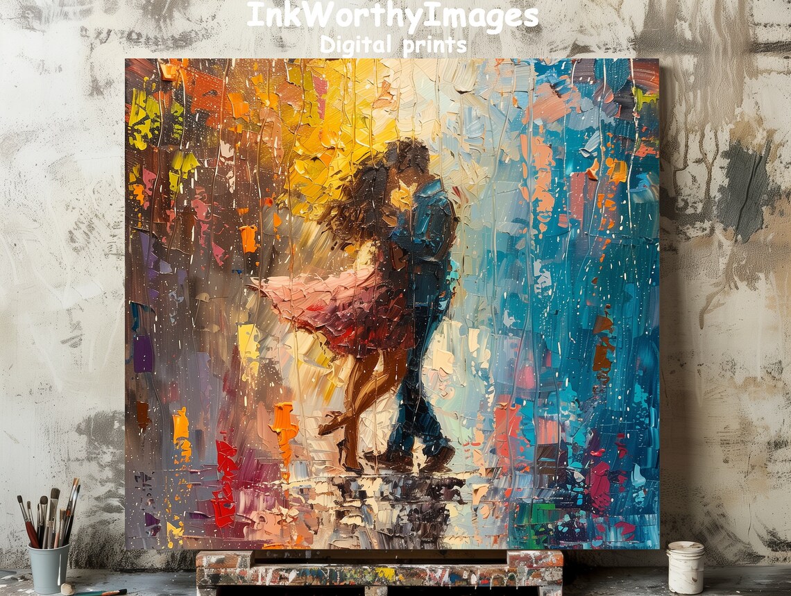 Romantic Couple Dancing In Rain, Abstract Art
