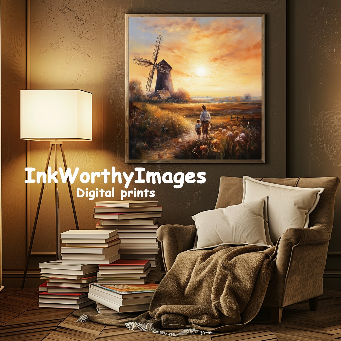Windmill Sunset Painting, Rustic Landscape - Image 3