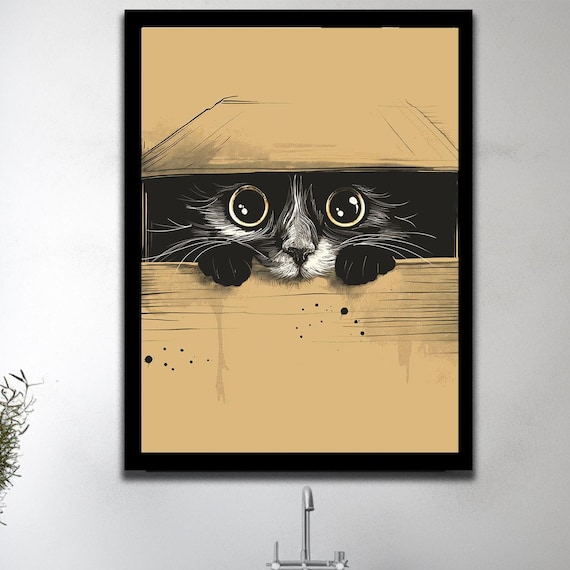 Peeking Black Cat Hiding in Cardboard Box Cute Funny Animal Wall Art