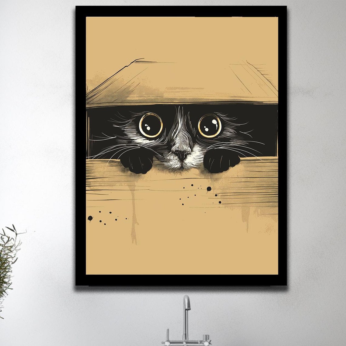 Peeking Black Cat Hiding in Cardboard Box Cute Funny Animal Wall Art