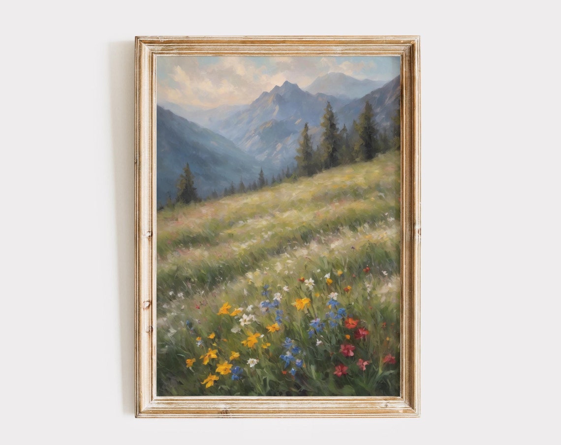 Moody Misty Mountain Meadow Colorful Wildflowers Alpine Poster - Image 5