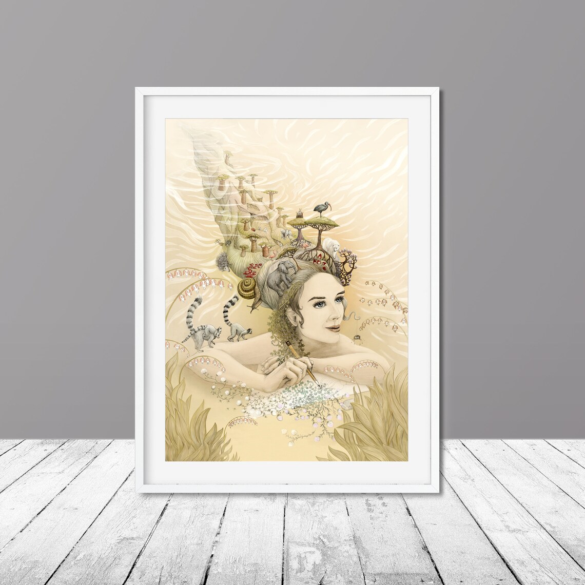 Woman Profile Crowned With African Safari Animals Dreamy Art Poster - Image 4