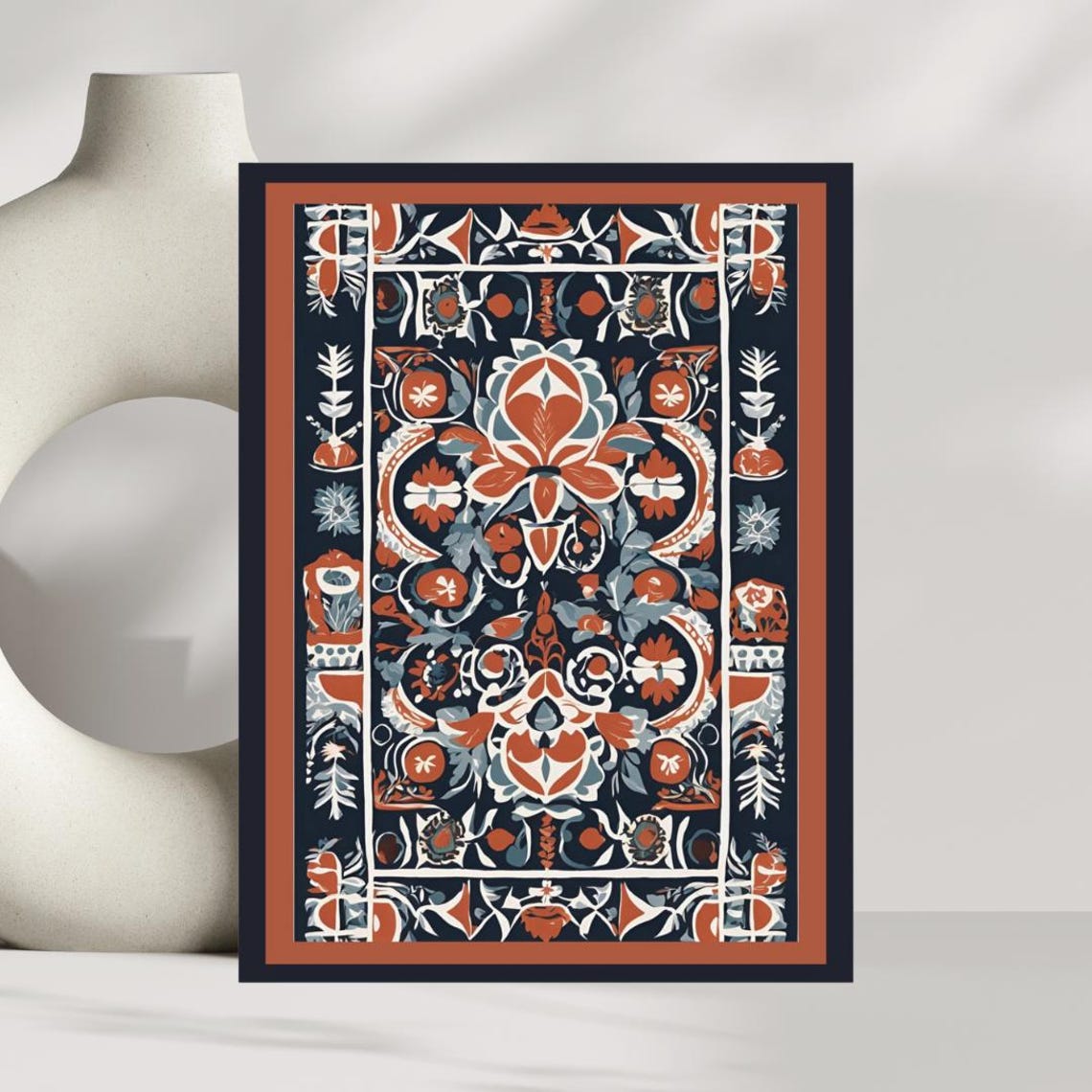 Scandinavian Floral Pattern Terracotta Navy Symmetrical Folk Poster