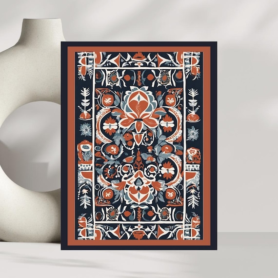 Scandinavian Floral Pattern Terracotta Navy Symmetrical Folk Poster