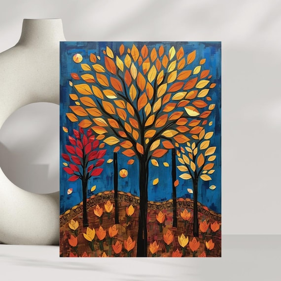 Scandinavian Folk Art Fall Tree Orange Leaves Blue Sky Poster