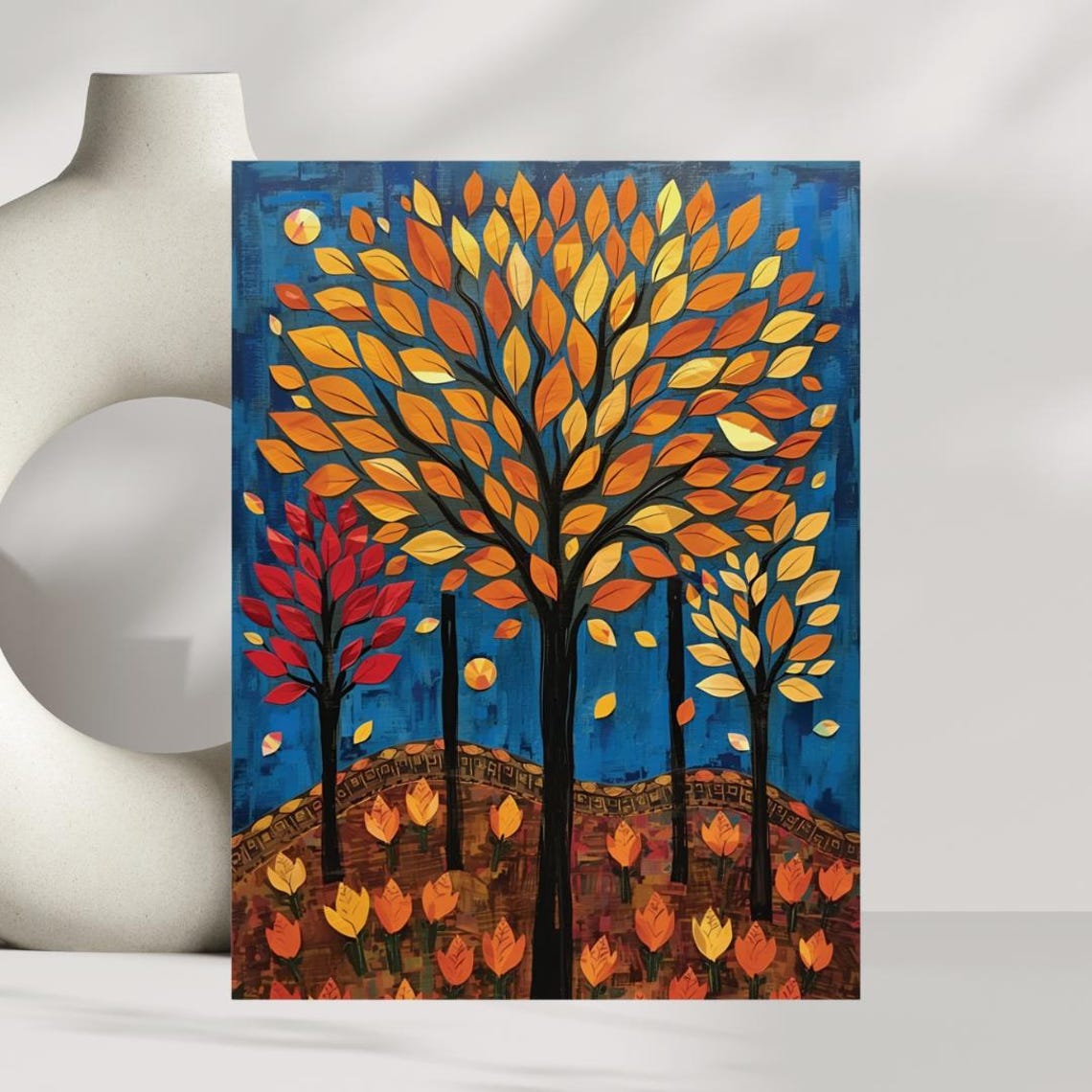 Scandinavian Folk Art Fall Tree Orange Leaves Blue Sky Poster