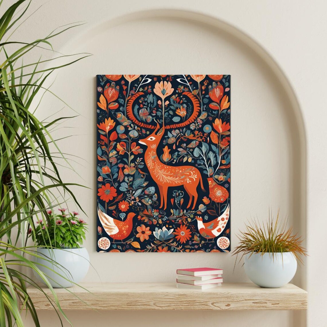 Scandinavian Folk Art Print Deer And Floral Nordic Decor