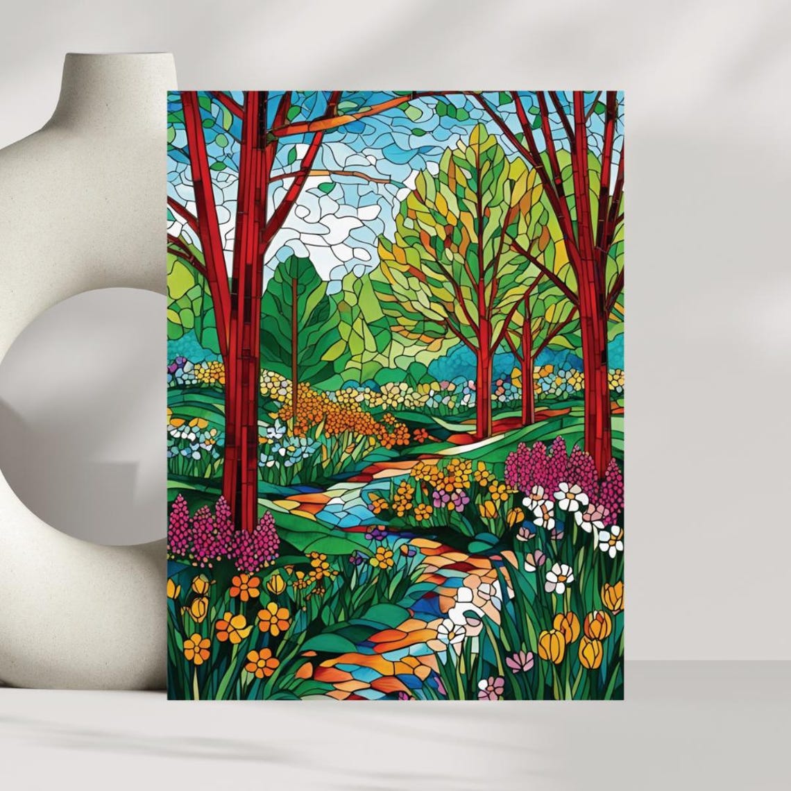 Stained Glass Spring Forest Red Trees Stream Colorful Art Poster