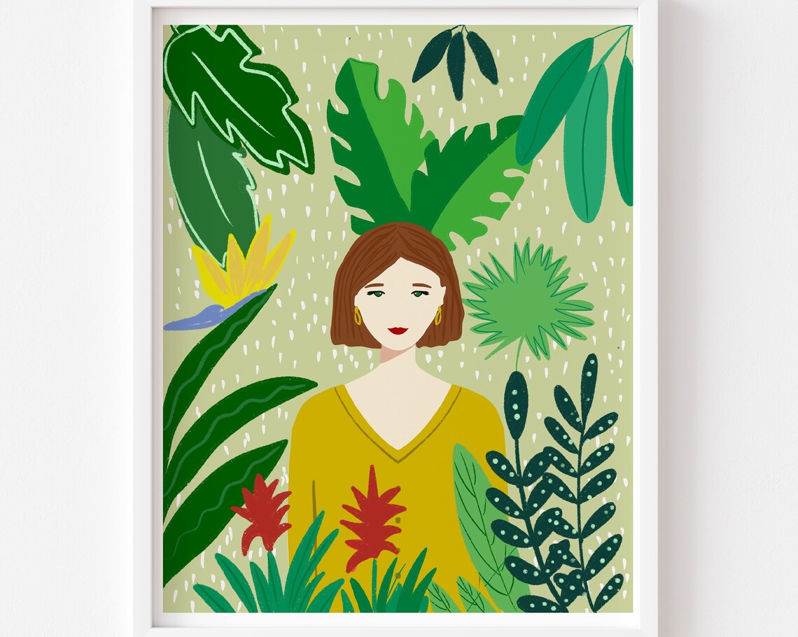 Personalized Plant Lady Portrait Art Print, Christmas