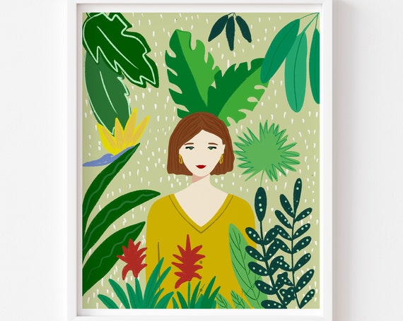 Personalized Plant Lady Portrait Art Print, Christmas