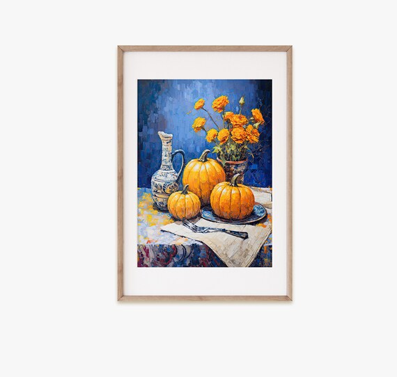 Pumpkin Harvest Still Life Orange Flowers Mosaic Oil Painting Poster