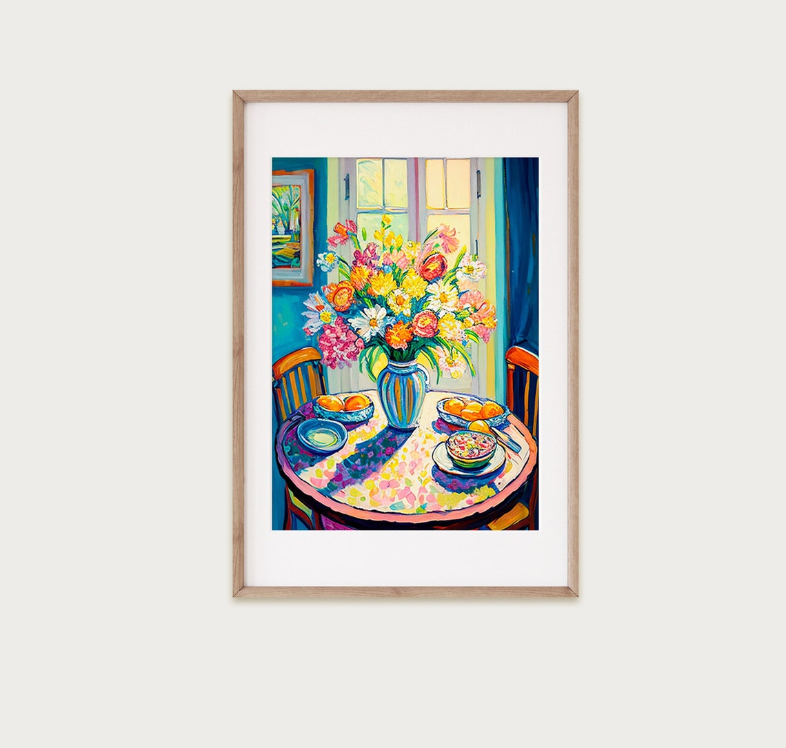 Fauvist Flower Bouquet Blue Vase Breakfast Table Still Life Wall Art
