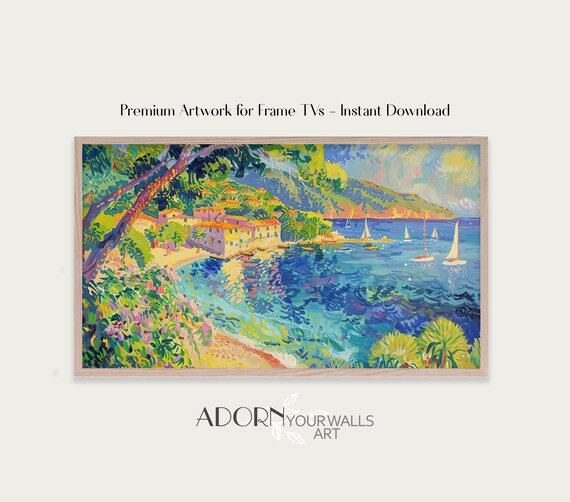 Italian Coastal Village Sailboats Blue Bay Impressionist Frame TV Wall Art