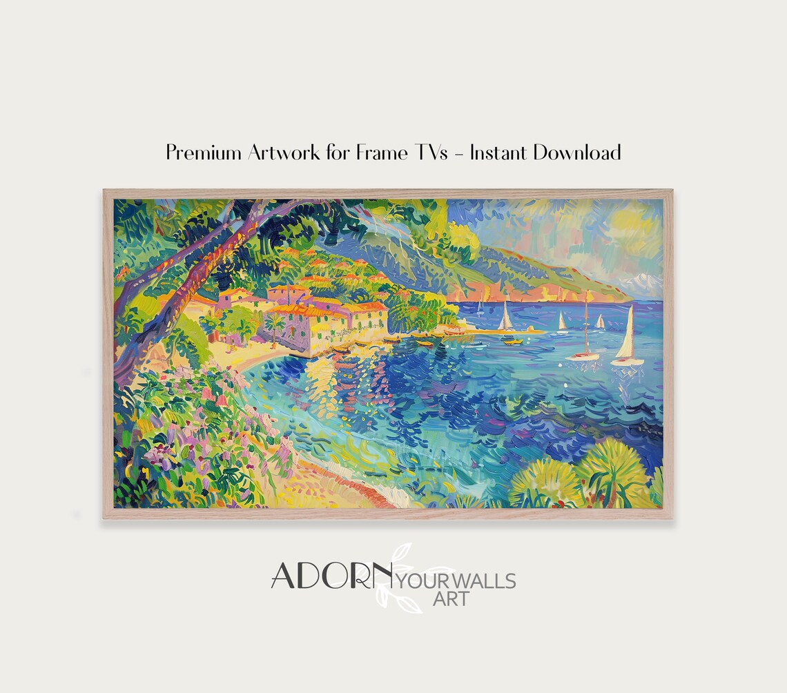 Italian Coastal Village Sailboats Blue Bay Impressionist Frame TV Wall Art