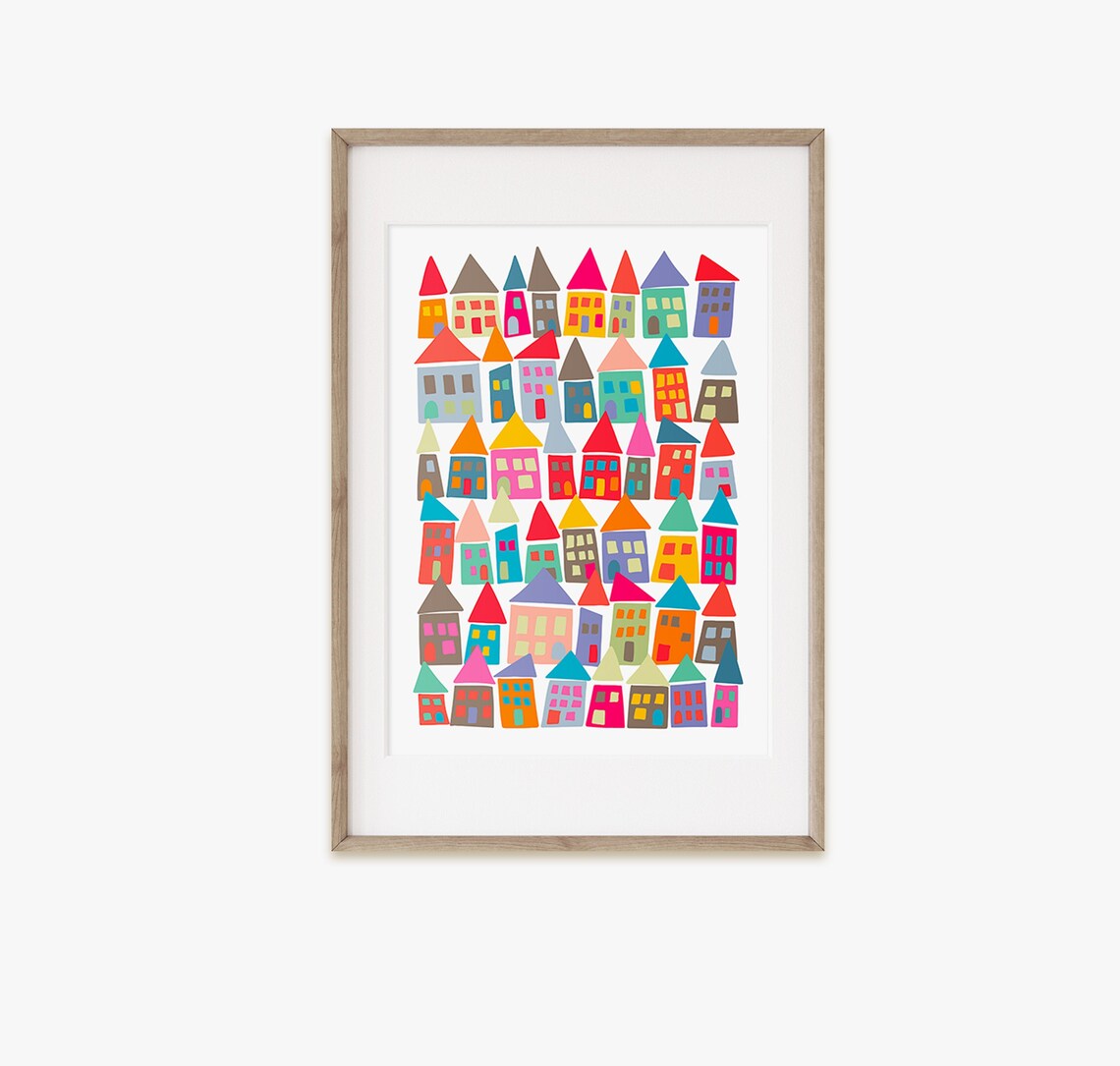 Colorful Whimsical Cartoon Houses Playful Town Village Wall Art