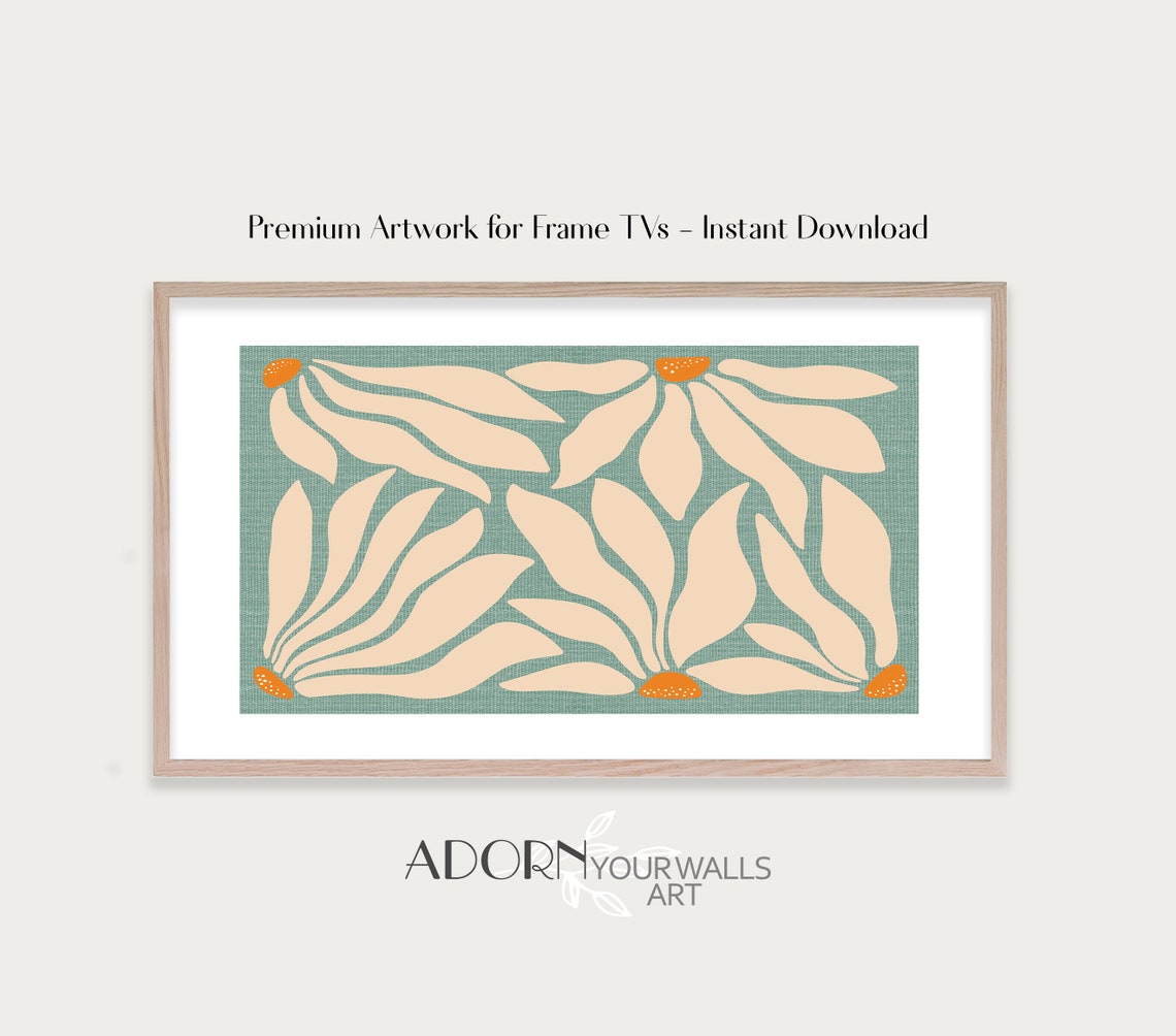 Sage Green Leaf Cutouts Orange Buds Modern Botanical Frame TV Wall Art