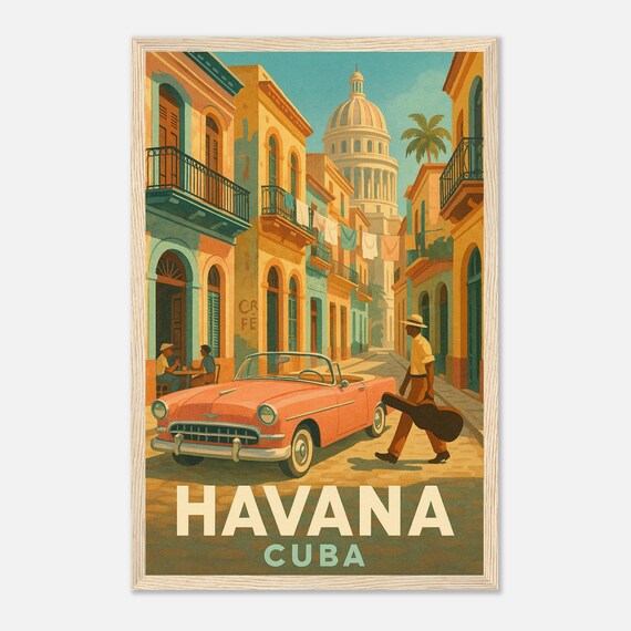 Havana Vintage Travel Poster Classic Car And Street Scene Wall Art Caribbean City Decor Retro