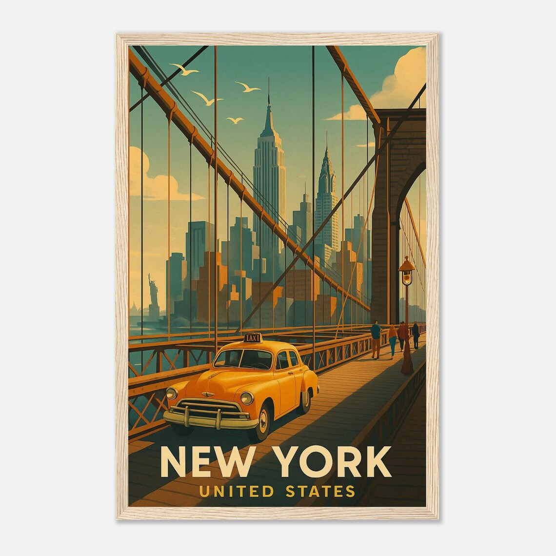 New York City Brooklyn Bridge Yellow Taxi Vintage Travel Poster