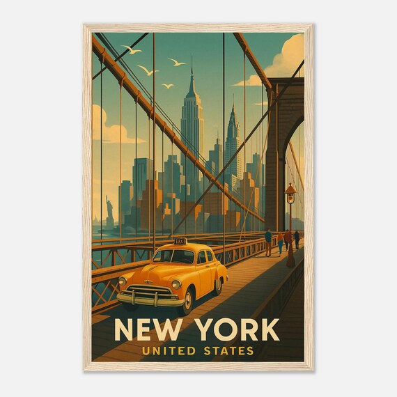 New York City Brooklyn Bridge Yellow Taxi Vintage Travel Poster