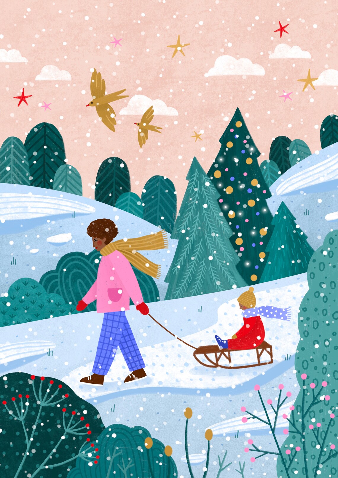 Snowy Sledge Walk Art Print, Family Illustration - Image 2