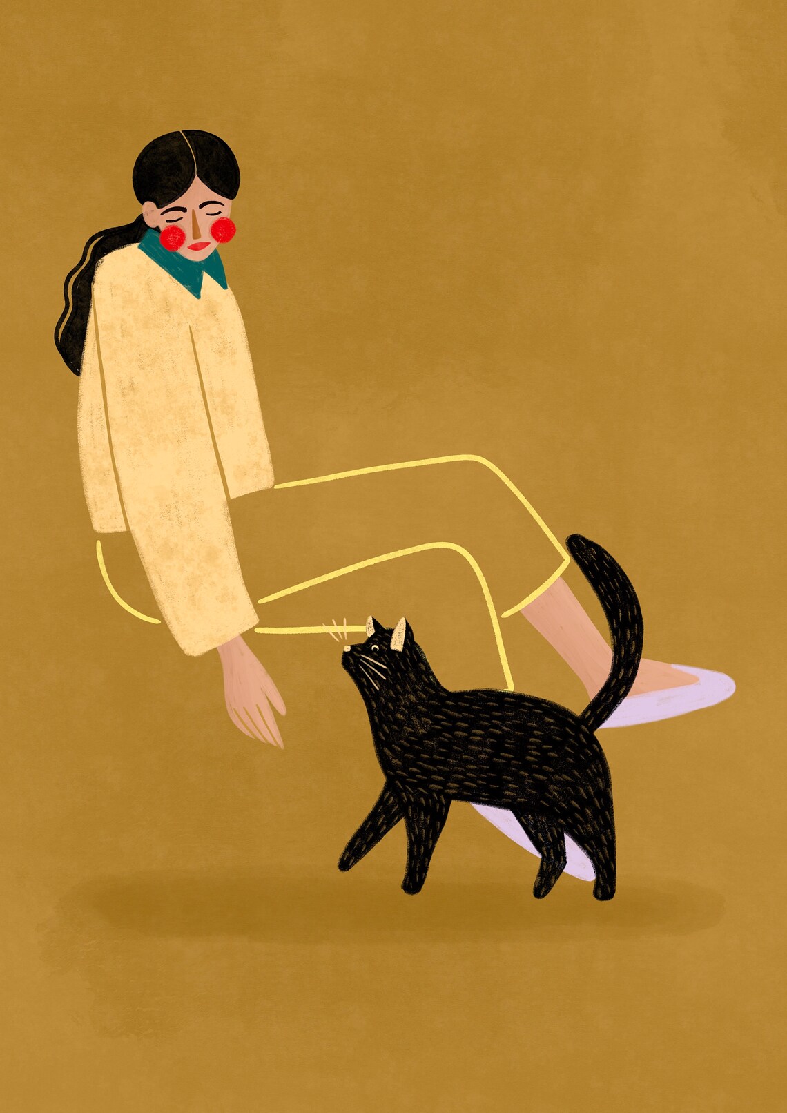 Woman And Black Cat Minimal Gold Background Illustration Poster - Image 2