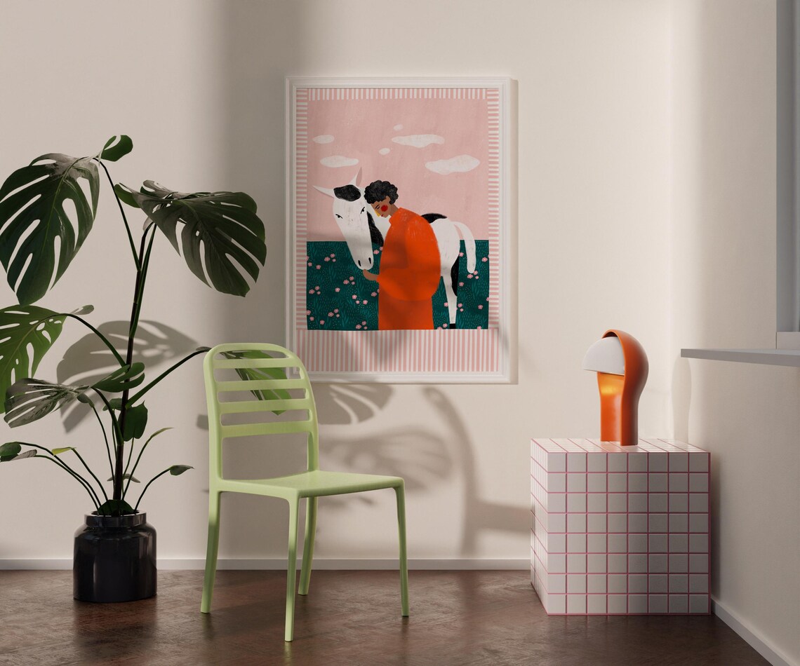Girl With White Horse In Flower Meadow Countryside Illustration Poster - Image 4