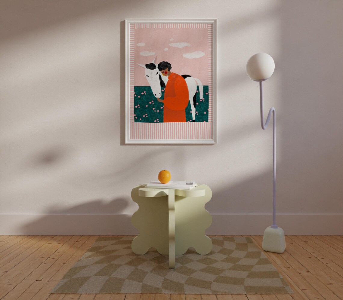 Girl With White Horse In Flower Meadow Countryside Illustration Poster - Image 3