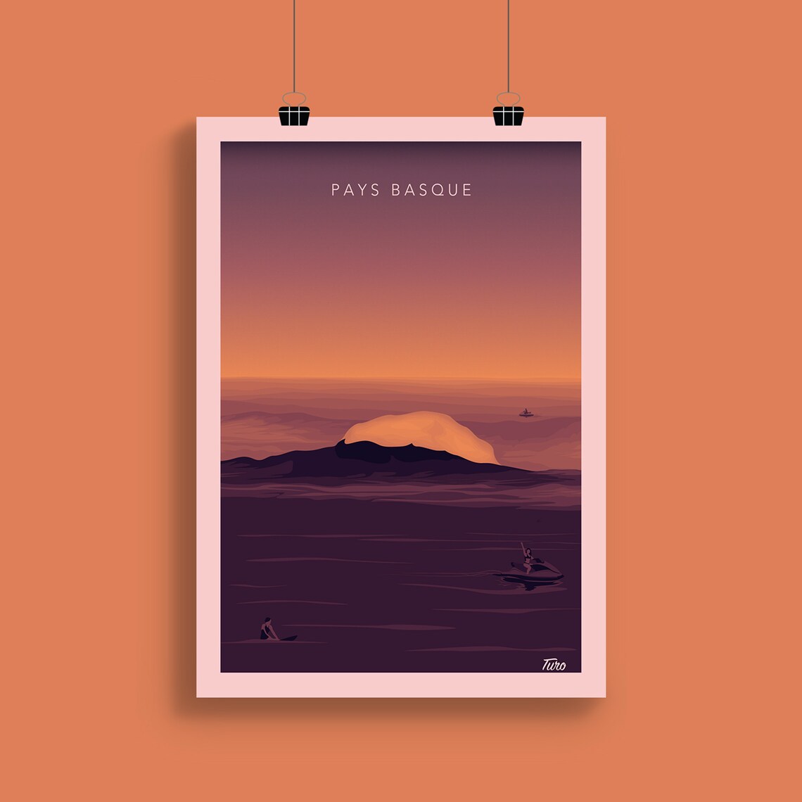 Basque Country Ocean Sunset Surfers Purple Retro Travel Poster - Image 2