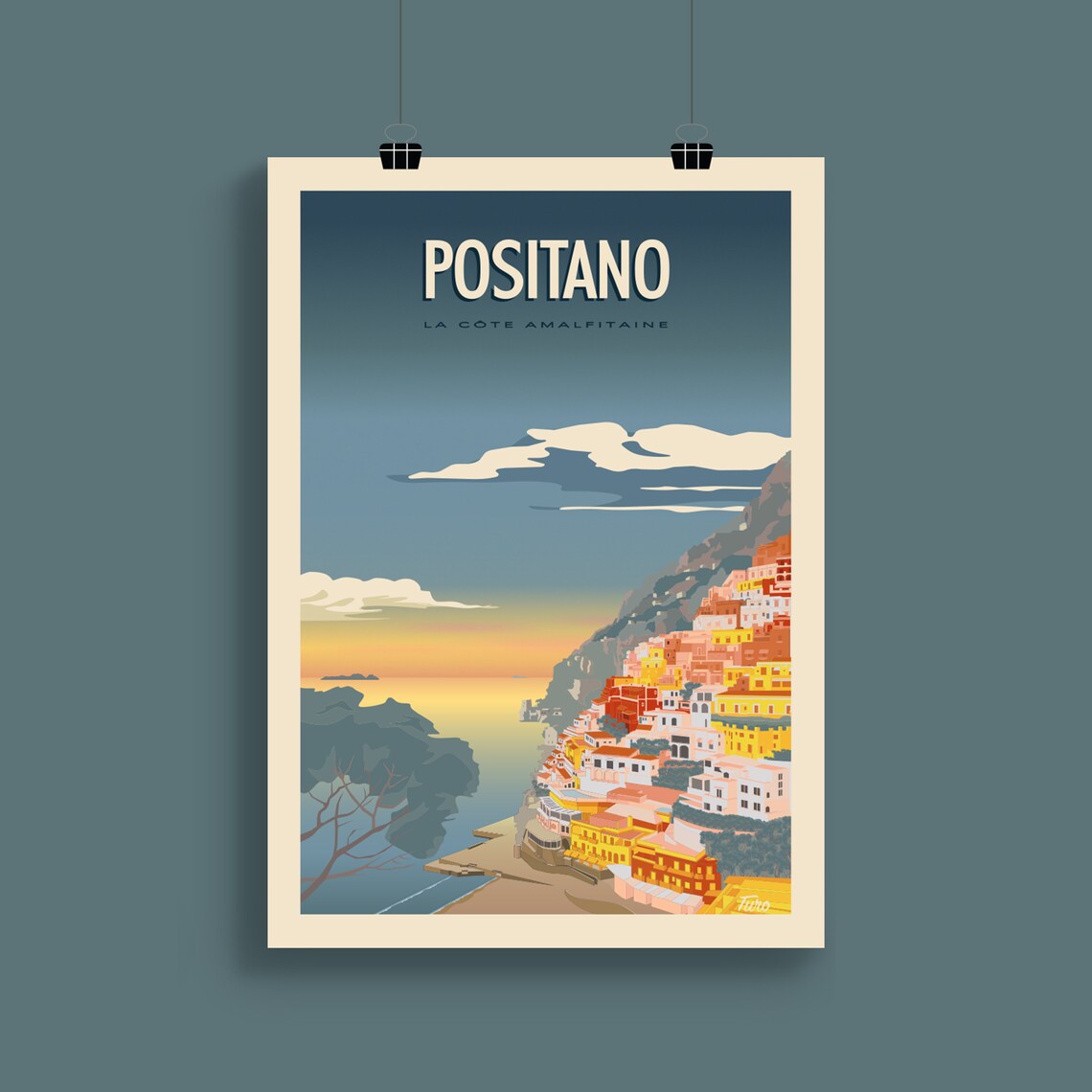 Positano Amalfi Coast Cliffside Village Sunset Travel Poster