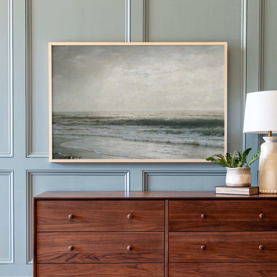 Vintage Ocean Waves Painting Muted Seascape Cloudy Sky Coastal Wall Art Print